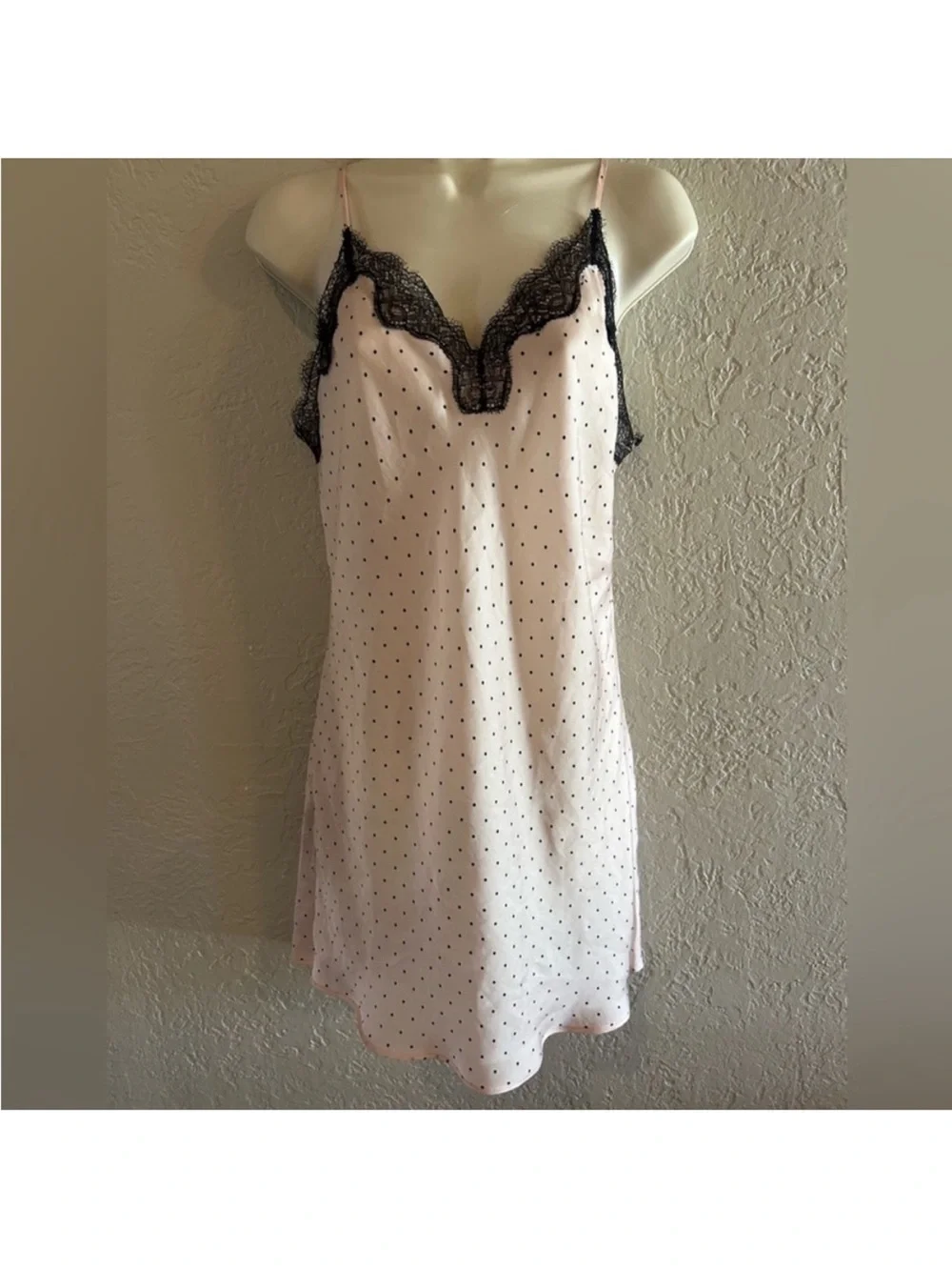 Victoria's Secret Pink Polka Dot Slip with Black Lace Trim